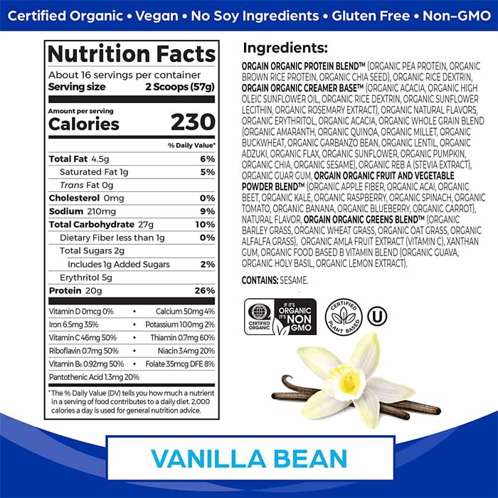 Orgain - Organic Meal Powder Vegan Meal Replacement - Vanilla Bean, 2.01 lbs - back