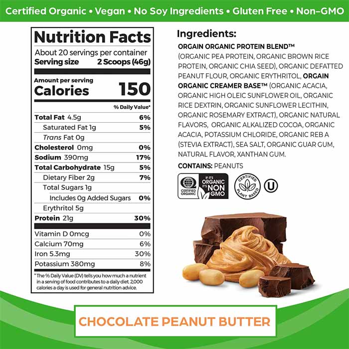 Orgain - Organic Plant-Based Protein Powder - Chocolate Peanut Butter, 2.03 lbs - back