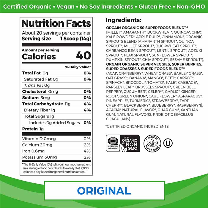 Orgain - Organic Superfoods Powder with Probiotics - Original, 0.62 lbs - back