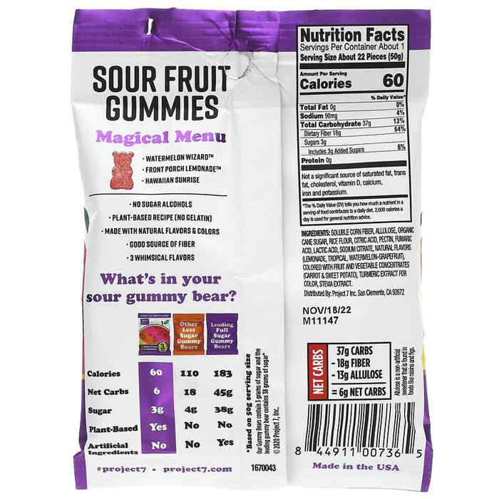 Project 7 - Sour Fruit Gummies - Low Sugar, 1.7oz - back