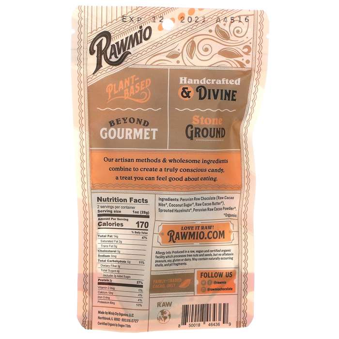 Rawmio - Chocolate Covered Sprouted Hazelnuts, 2 oz - back