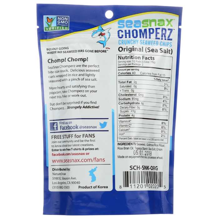 Seasnax - Chomperz Crunchy Seaweed Crisps - Original, 1oz - back