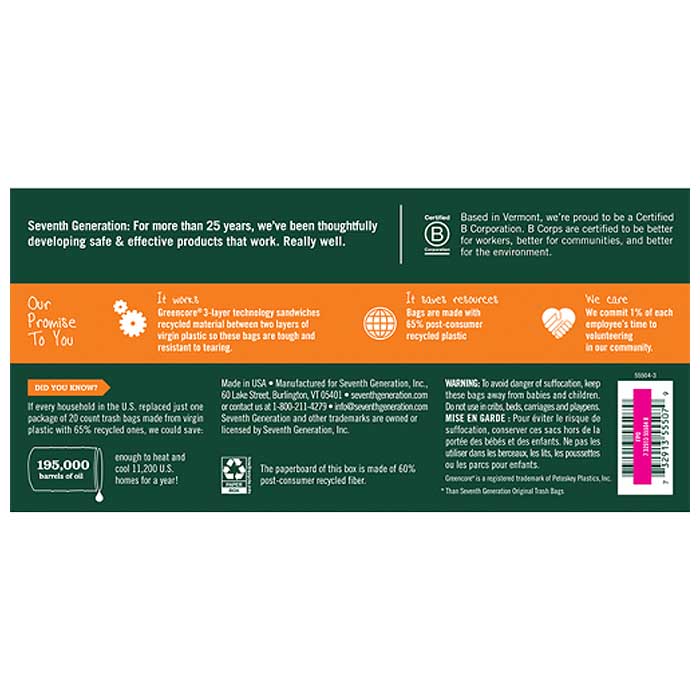 Seventh Generation Tall Kitchen Drawstring Trash Bags, 20 Pack