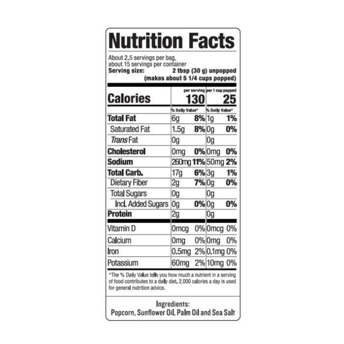 Skinny Pop - Sea Salt Microwave Popcorn, 6 Bags - nutrition facts