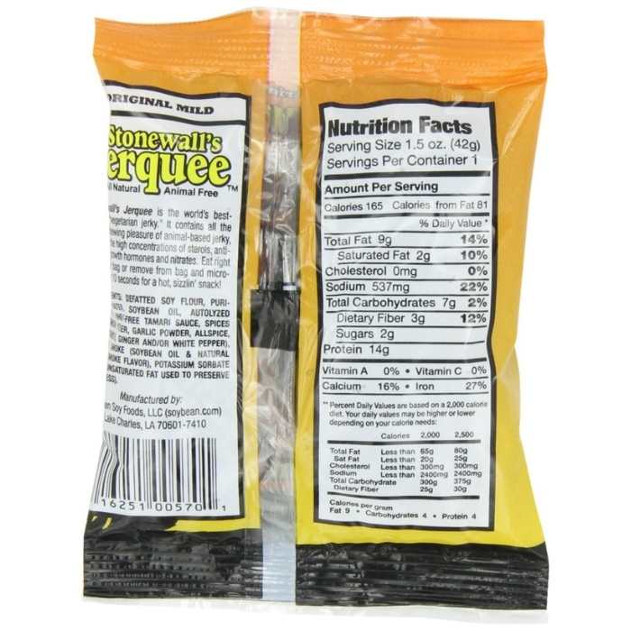 Stonewall's Jerquee - Vegan Jerquee  Original Mild, 1.5oz - back