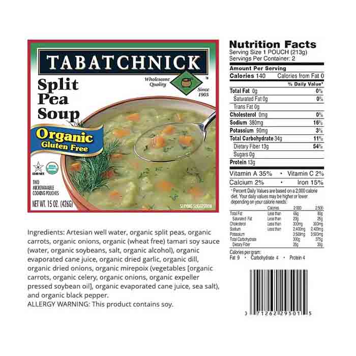 Tabatchnick - Organic Split Pea Soups, 15oz back