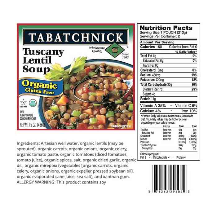 Tabatchnick - Organic Tuscany Lentil Soups, 15oz back