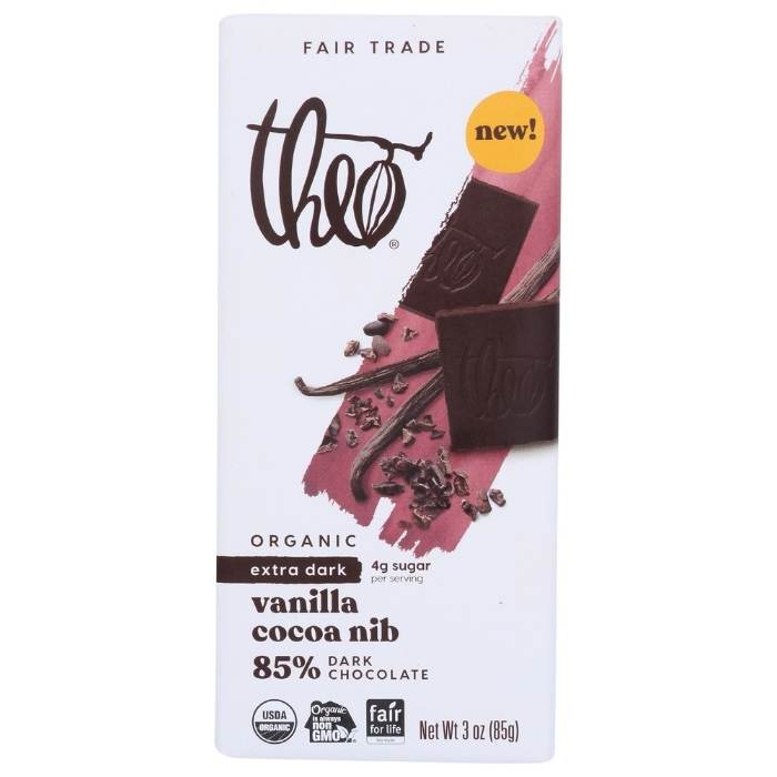 Theo - Vanilla Cocoa Nib 85% Dark Chocolate Bar, 3oz - front