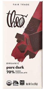 Theo Chocolate Pure Organic Dark Chocolate Bar 70% Cacao, 3Oz | Pack of 12