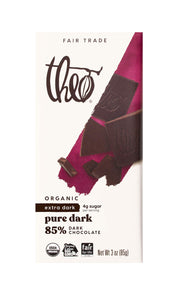 Theo Chocolate Pure Organic Dark Chocolate Bar 85% Cacao, 3Oz | Pack of 12