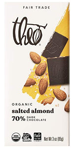 Theo Chocolate - Salted Almond Organic Dark Chocolate Bar 70% Cacao, 3Oz | Pack of 12