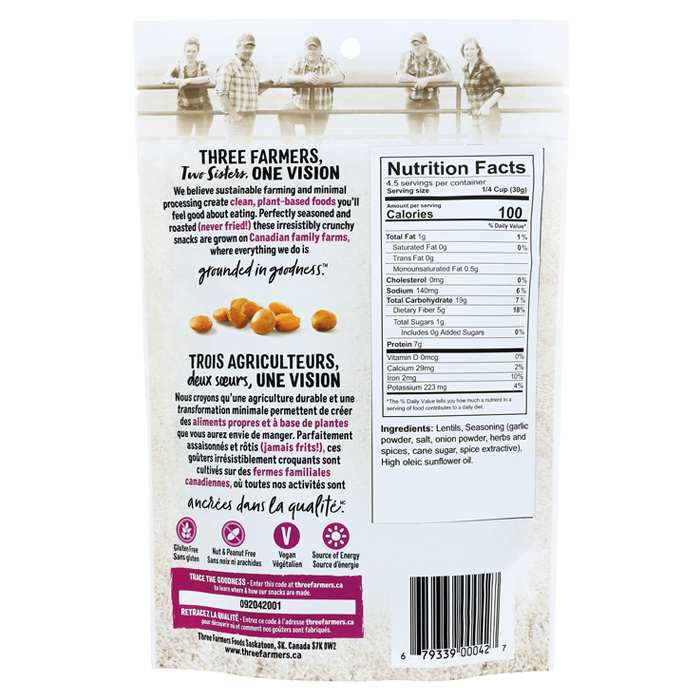 Three Farmers Food Inc - Crunchy Little Lentils Garlic & Herb , 140g - back