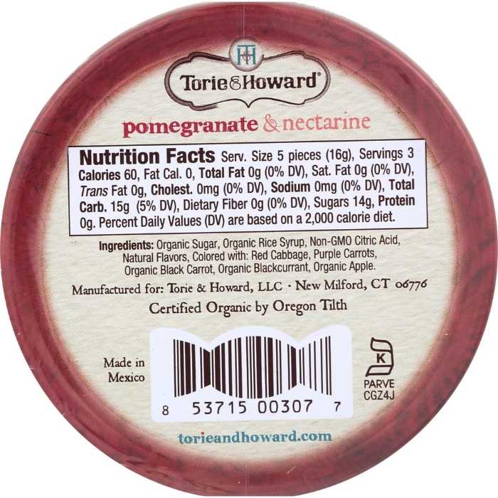 Torie & Howard - Organic Hard Candy pomegranate nectarine back