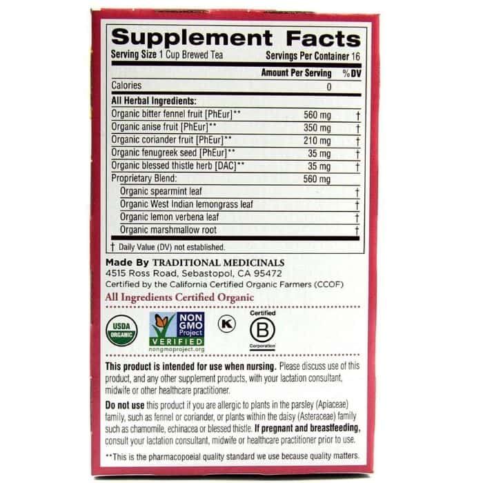 Traditional Medicinals - Organic Mother’s Milk® Tea, 16 Bags - supplement facts