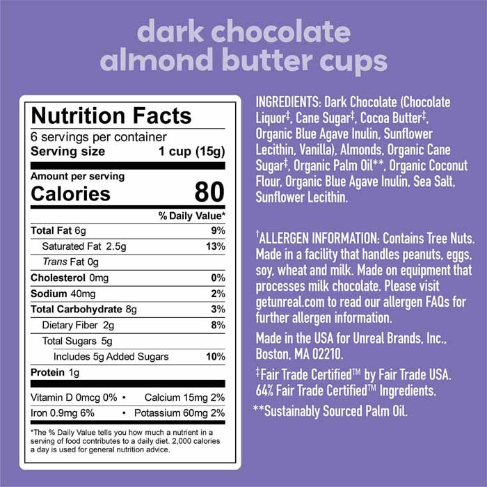 Unreal - Dark Chocolate Nut Butter Cups - Dark Chocolate Almond Butter Cups - 3.2oz  - back
