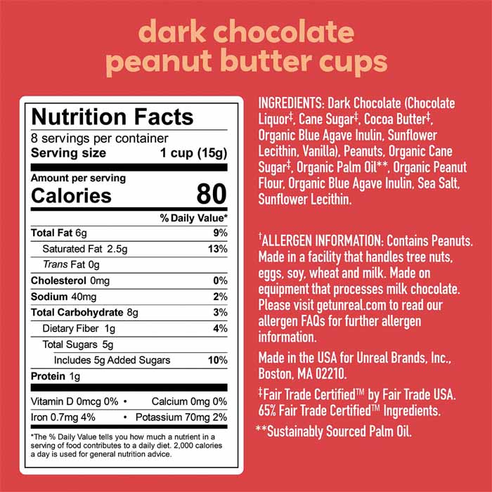 Unreal - Dark Chocolate Nut Butter Cups - Dark Chocolate Peanut Butter Cups - 4.2oz - back